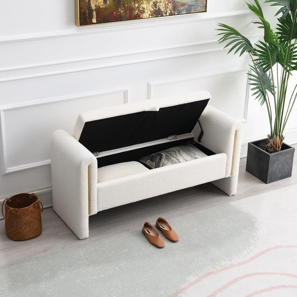 JIJIWANG Modern Bed End Bench with Arms and Storage, Upholstered Bed Bench Entryway Bench Ottoman Comfy Window Vanity Bench Footstool for Living Room,Bedroom,Cream