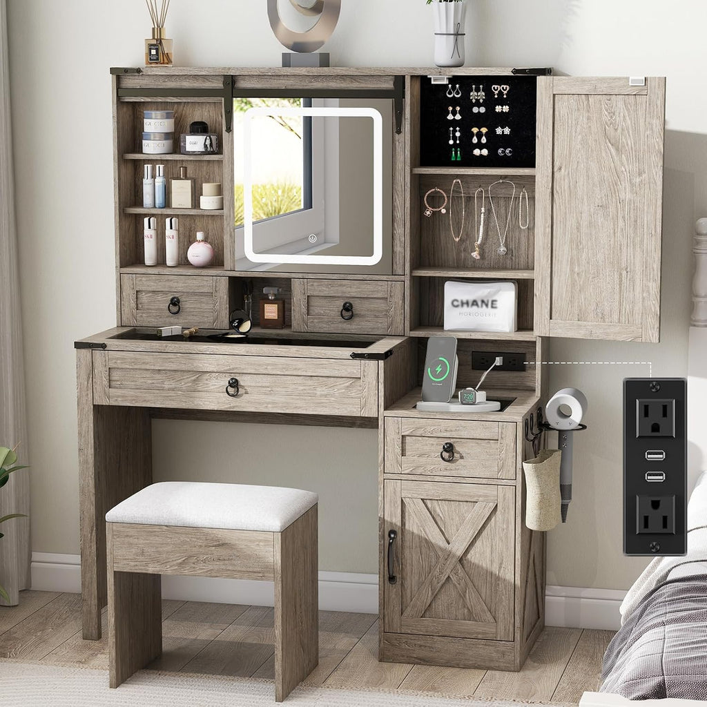 Farmhouse Makeup Vanity Desk with Sliding Mirror and Lights, 42' Glass Top Vanity Table with Charging Station & 4 Drawers & 2 Cabinets, Vintage Vanity Set for Bedroom, Driftwood Gray
