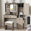 Farmhouse Makeup Vanity Desk with Sliding Mirror and Lights, 42' Glass Top Vanity Table with Charging Station & 4 Drawers & 2 Cabinets, Vintage Vanity Set for Bedroom, Driftwood Gray