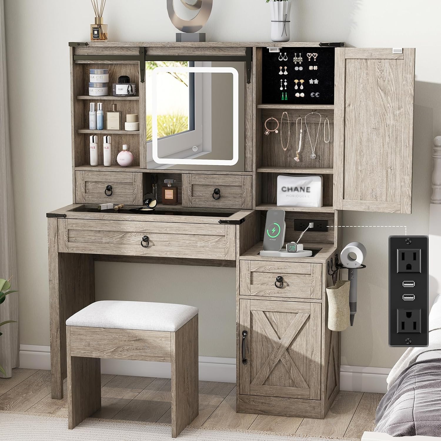 Farmhouse Makeup Vanity Desk with Sliding Mirror and Lights, 42' Glass Top Vanity Table with Charging Station & 4 Drawers & 2 Cabinets, Vintage Vanity Set for Bedroom, Driftwood Gray
