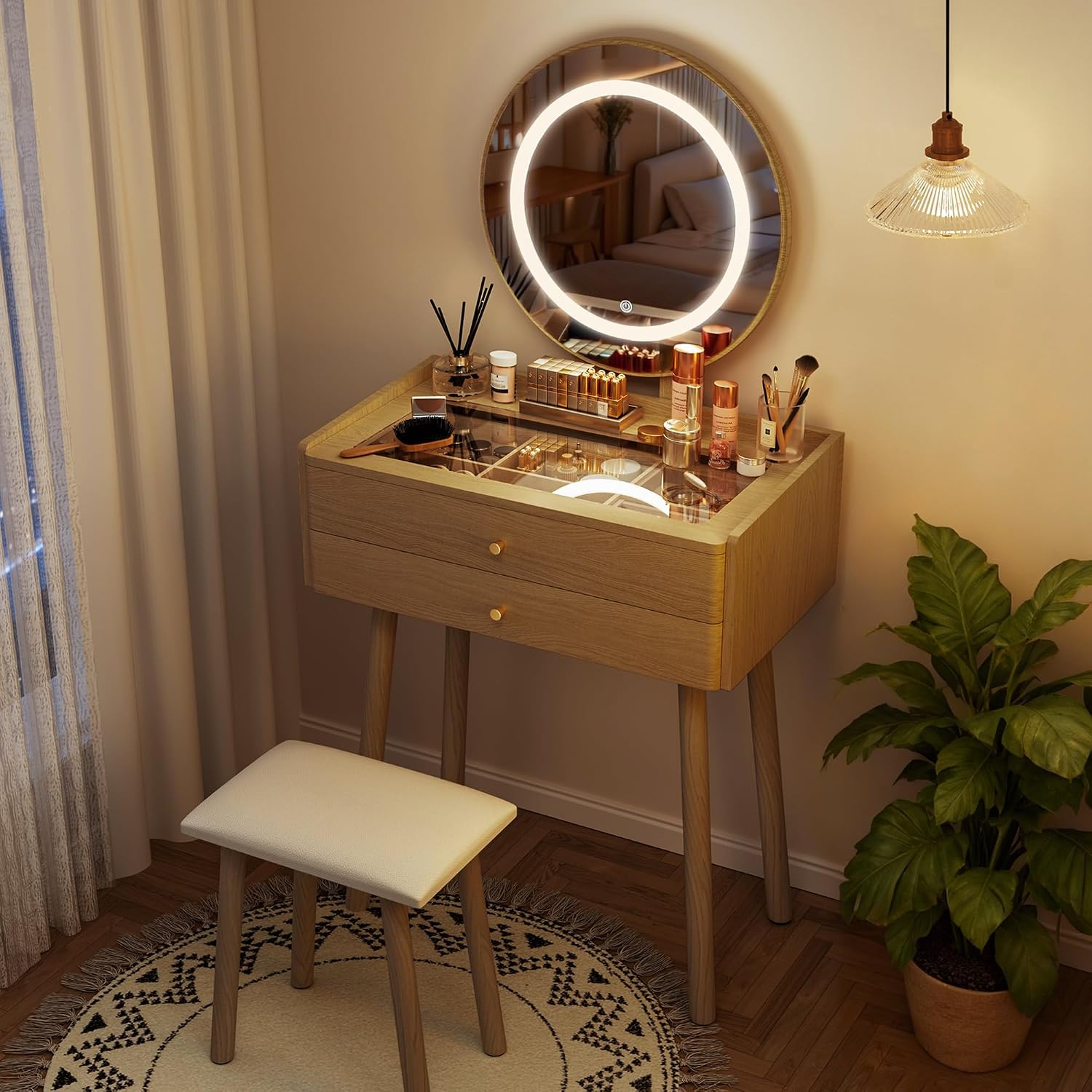 Glass Top Vanity Desk with Mirror and Lights, Small Makeup Table with Cushioned Stool, 2 Drawers Compact Vanity for Small Spaces with 6 Grid Organizer, 3 Lighting Modes, Natural Oak
