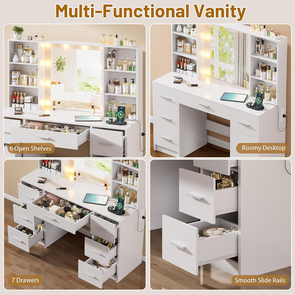 Vanity Desk with Mirror and LED Lights, Large Vanity with 7 Drawers and 6 Shelves, Make up Vanity Dressing Table with Charging Station for Girls, Women (White)
