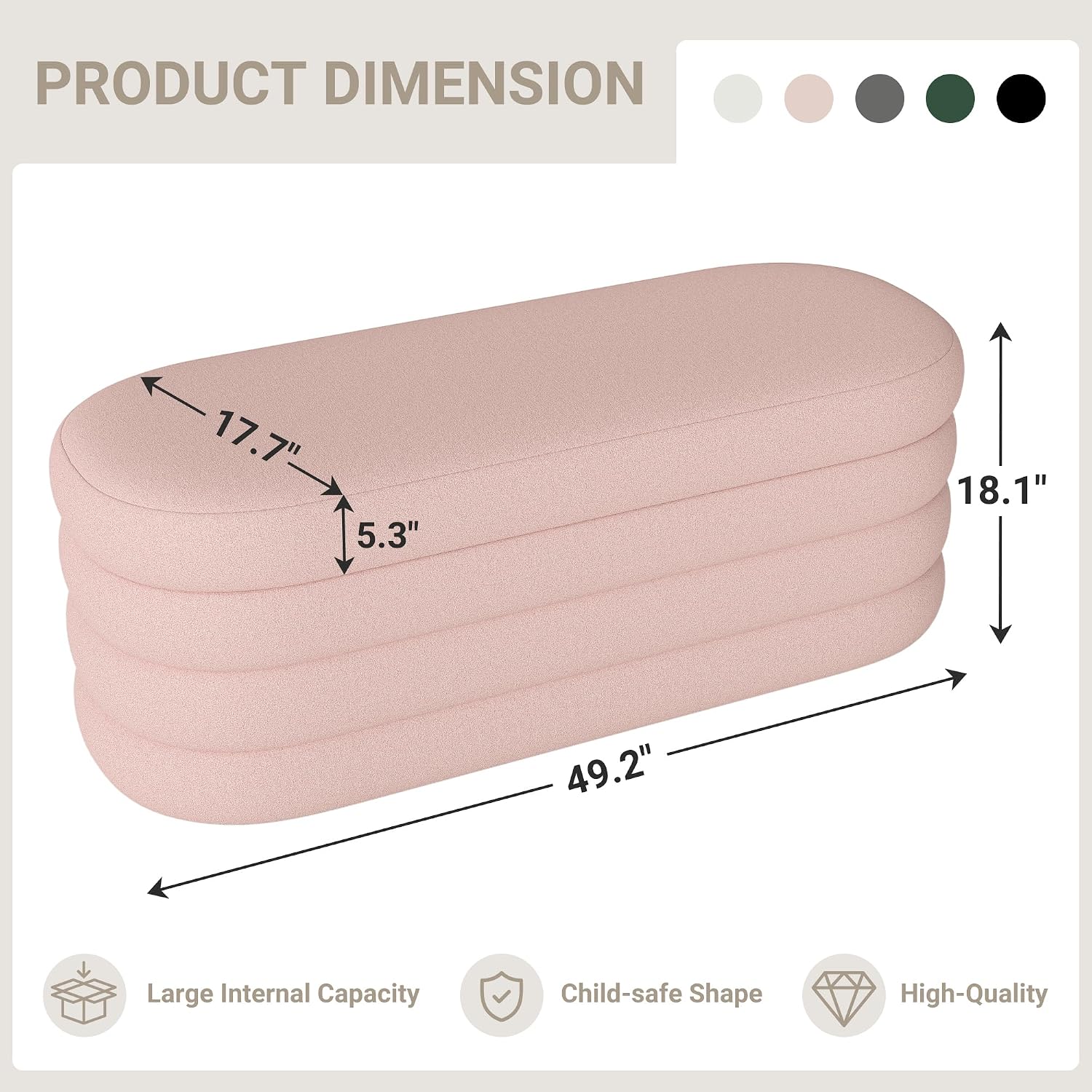 Busaurus Storage Ottoman Bench 49.2 Inch Upholstered Fabric Storage Bench for Bedroom End of Bed Aesthetic Large Oval Ottoman for Living Room Entryway (Pink)