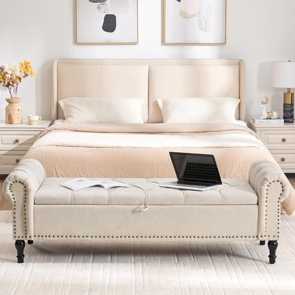 Storage Bed Bench for Bedroom, Chenille 67' End of Bed King Size Benches with Armrest, Tufted Button Upholstered Ottoman Bench for Living Room, Entryway, Camel