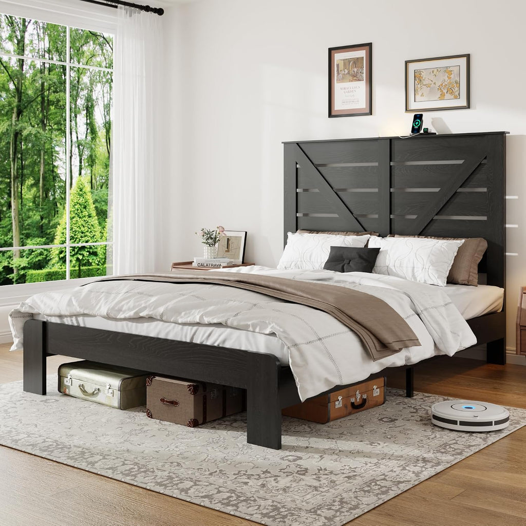 Full Size Wooden Bed Frame with Headboard, Rustic Farmhouse Platform Bedframe with Metal Slat Support, Under Bed Storage Space, Easy Assembly, Noisy Free (Black, Full)