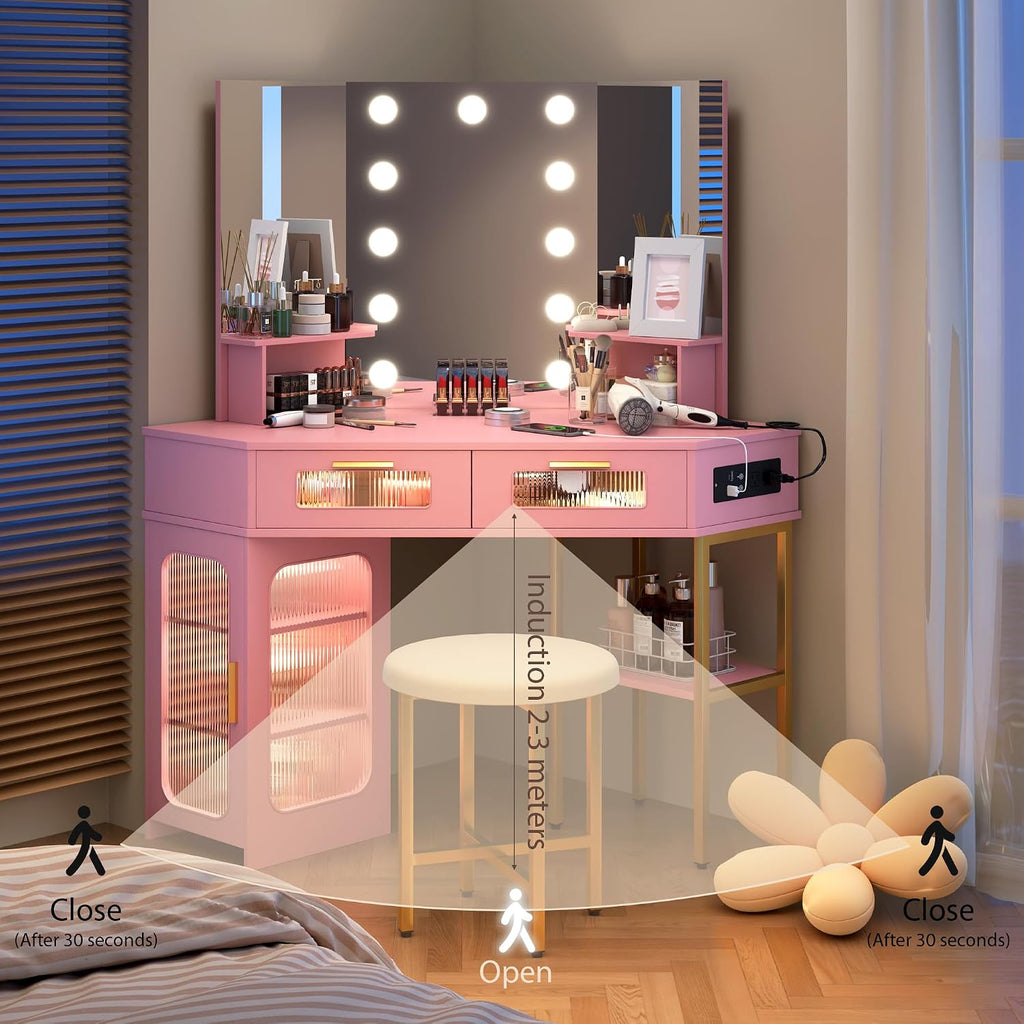 Lareth Corner Vanity Desk with 3 Way Mirror and Lights, Modern Makeup Vanity with Charging Station, Stool, 45.5' Large Bedroom Dressing Table with 2 Drawers & Shelves, Gifts for Girls Women, Pink