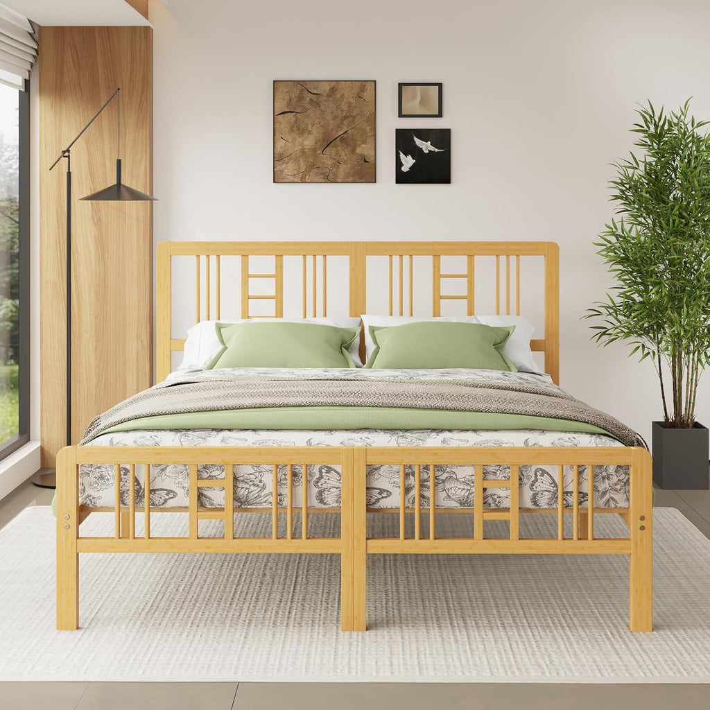 14 Inch Bamboo Wood King Size Platform Bed Frame with Headboard and Footboard, Metal Slat Support King Bed Frame No Box Spring Needed, Heavy Duty, Easy Assembly, Noise Free, Reinforced