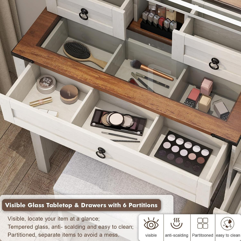 Farmhouse Makeup Vanity Desk with Sliding Mirror and Lights, 42 Wood Vanity Table Set with Glass Top, Power Outlets, Jewelry Storage Cabinet, 4 Drawers, Stool for Country Room Decor, Antique White