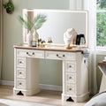 T4TREAM Vanity Desk with Mirror and Lights, 48'' LED Lights Makeup Vanity with 8 Drawers, Farmhouse Vanity Table with 3 Color Modes, Dressing Table with Glass Top and Power (Antique White)
