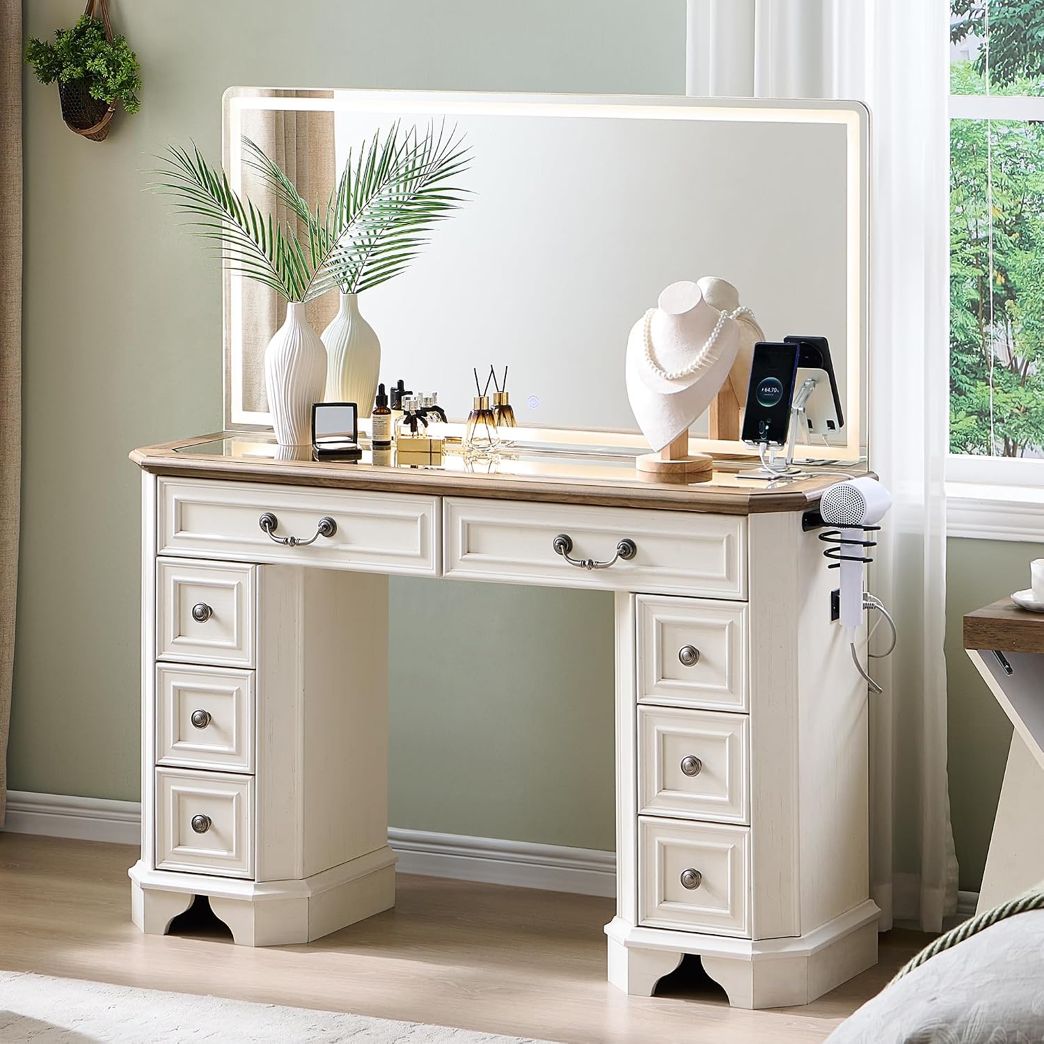 T4TREAM Vanity Desk with Mirror and Lights, 48'' LED Lights Makeup Vanity with 8 Drawers, Farmhouse Vanity Table with 3 Color Modes, Dressing Table with Glass Top and Power (Antique White)