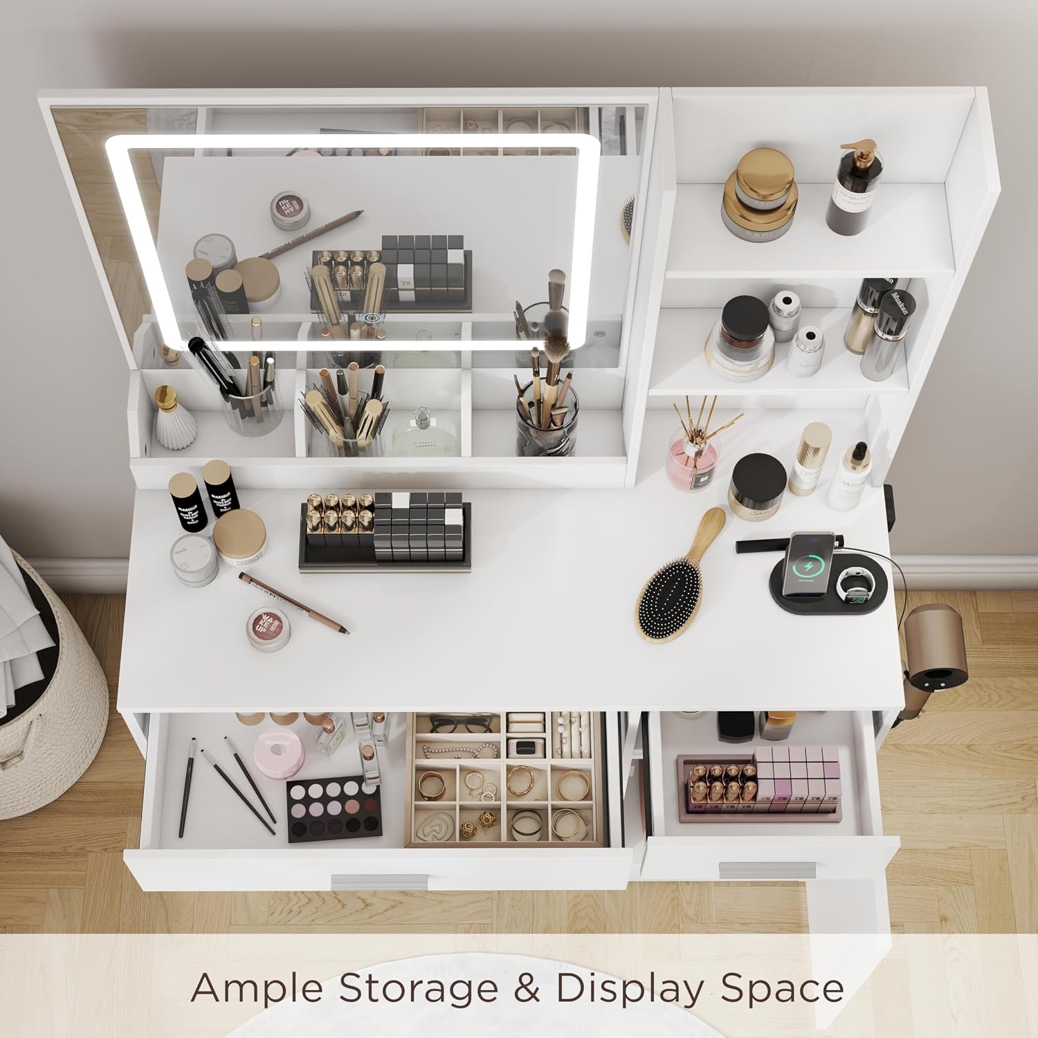 Roundhill Furniture Lavin Makeup Vanity Set, Vanity Desk with Stool, LED Light Mirror and Charging Station, White