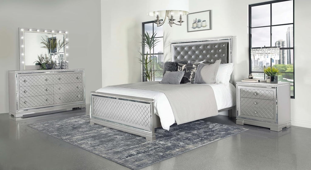 Coaster Home Furnishings Eleanor Modern Classic 4-Piece Bedroom Set Velvet Upholstered California King Size Panel Bed Frame 62-inch Headboard Metallic Mercury 223461KW-S4