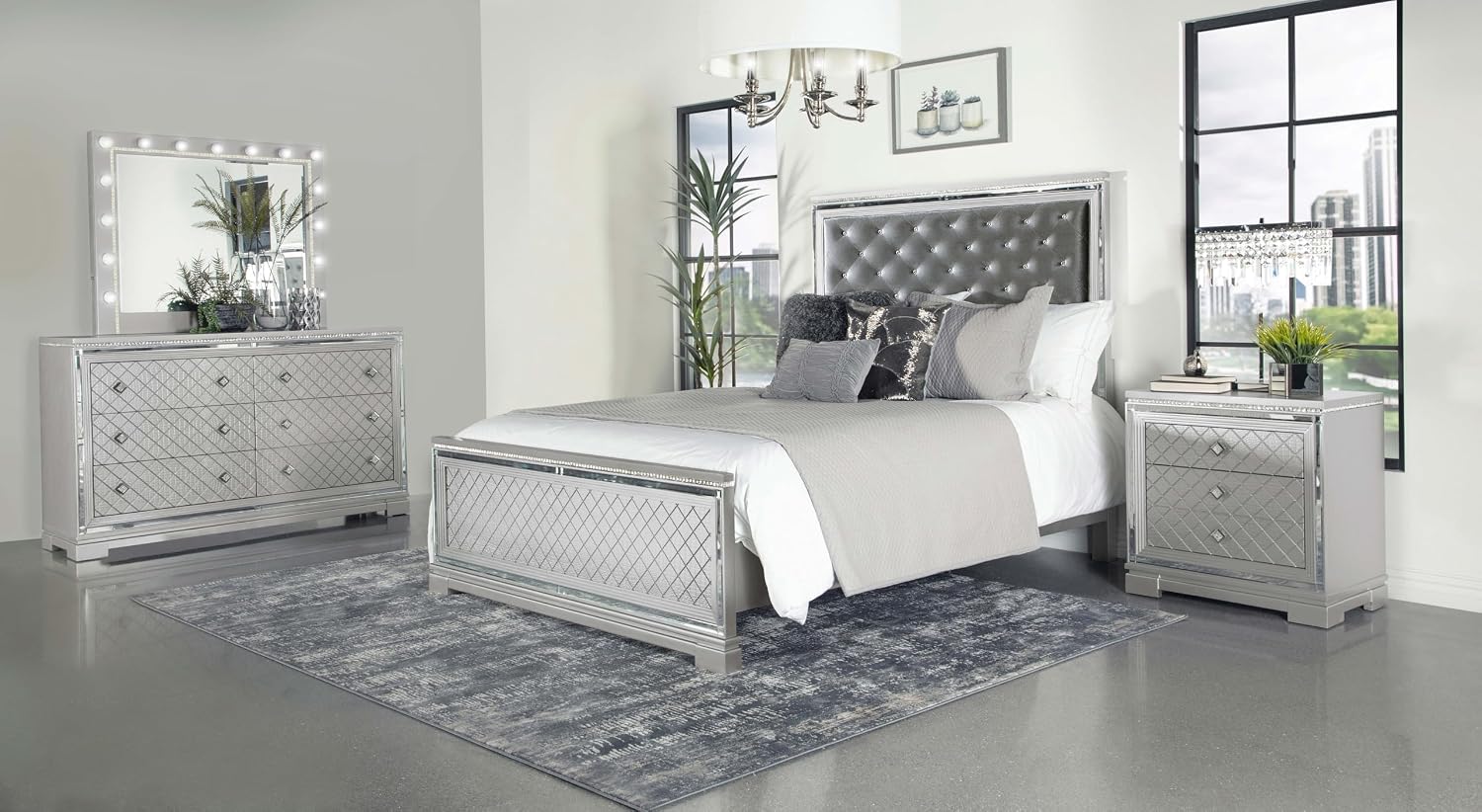 Coaster Home Furnishings Eleanor Modern Classic 4-Piece Bedroom Set Velvet Upholstered California King Size Panel Bed Frame 62-inch Headboard Metallic Mercury 223461KW-S4