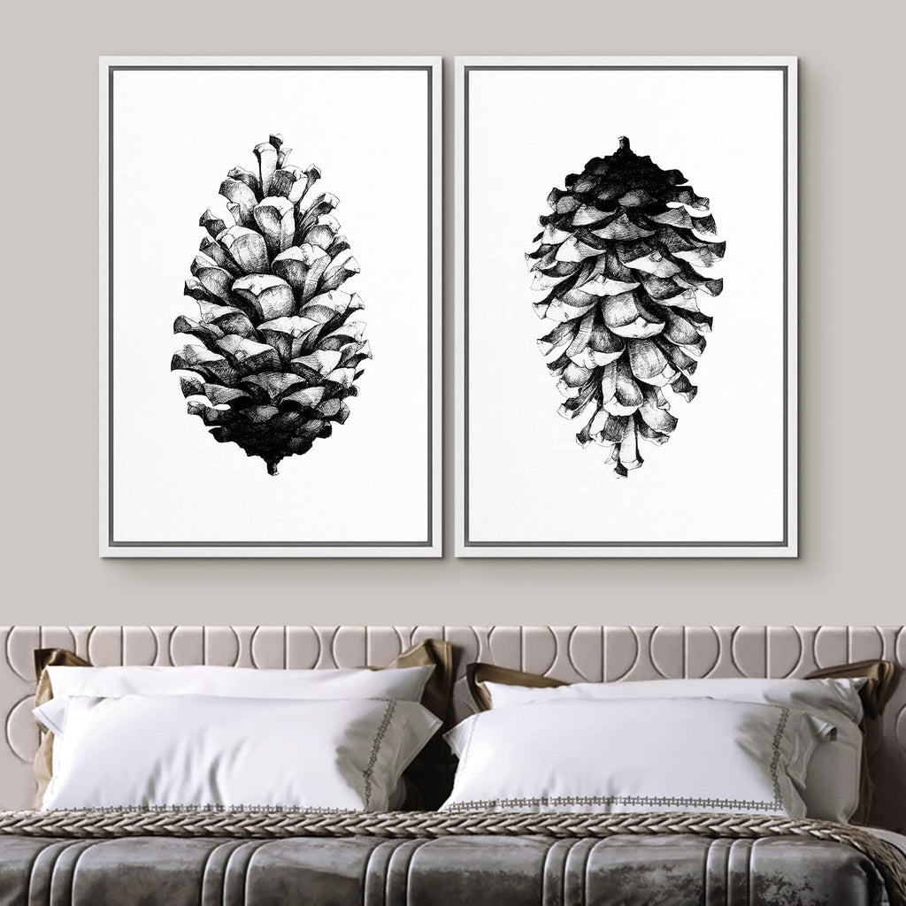 SIGNWIN Framed Canvas Print Wall Art Set Black & White Forest Woodland Pinecone Nature Wilderness Illustrations Modern Art Rustic Relax/Calm for Living Room, Bedroom, Office - 24'x36'x2 White