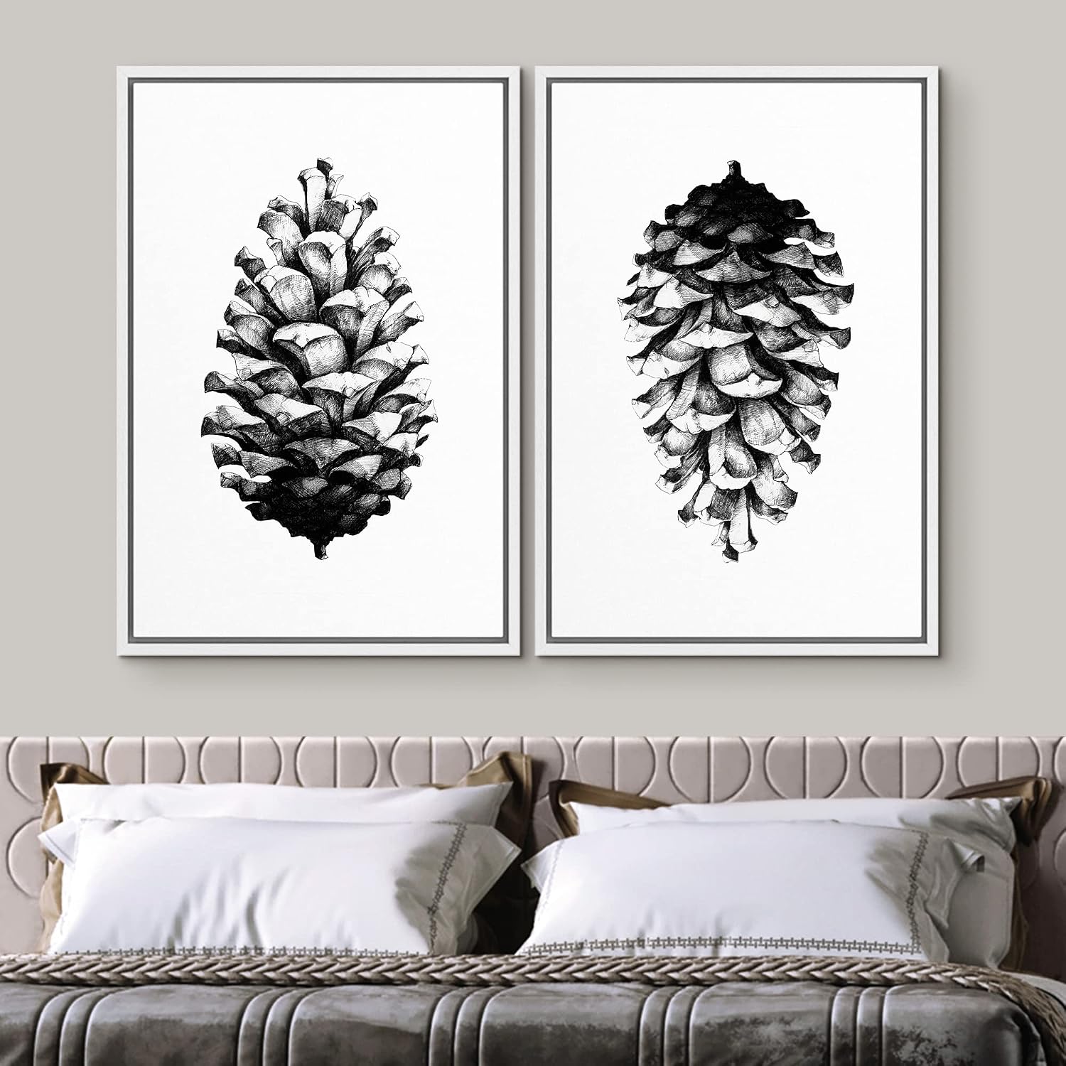 SIGNWIN Framed Canvas Print Wall Art Set Black & White Forest Woodland Pinecone Nature Wilderness Illustrations Modern Art Rustic Relax/Calm for Living Room, Bedroom, Office - 24'x36'x2 White