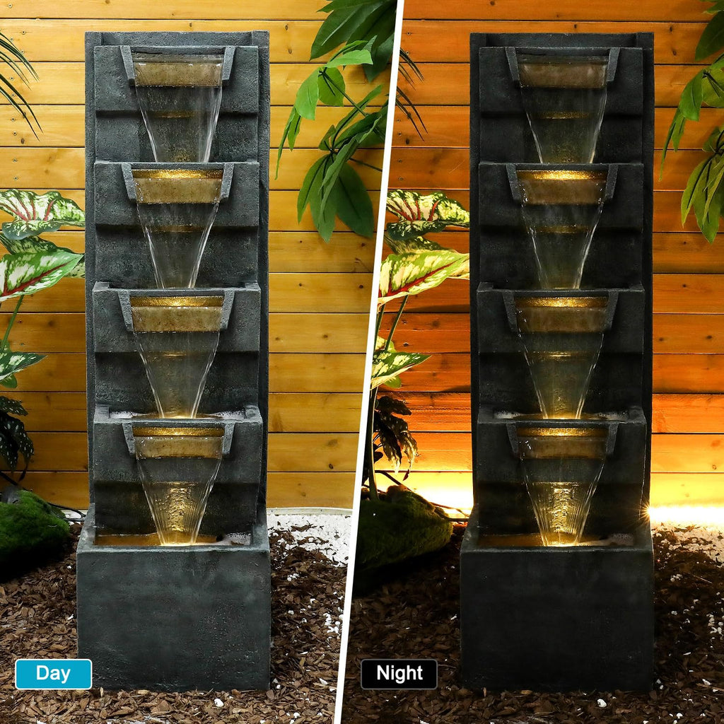 SunJet 39.3inches High Modern Water Fountain – 5-Tier Outdoor/Indoor Water Fountain with Soothing Water Sounds & Warm LED Light, Perfect for Garden, Patio, Home & Office