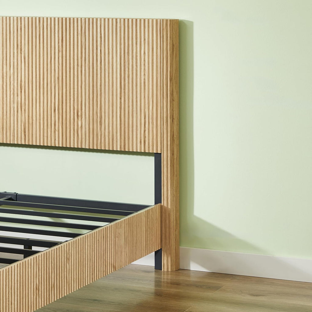 Queen Size Wood Bed Frame with Headboard, Modern Retro Oak Platform Beds Frames, Mid Century Rustic Wooden Bedroom Floor-BedFrame, No Box Spring Needed, Easy Assembly (Oak, Queen, Metal Base)