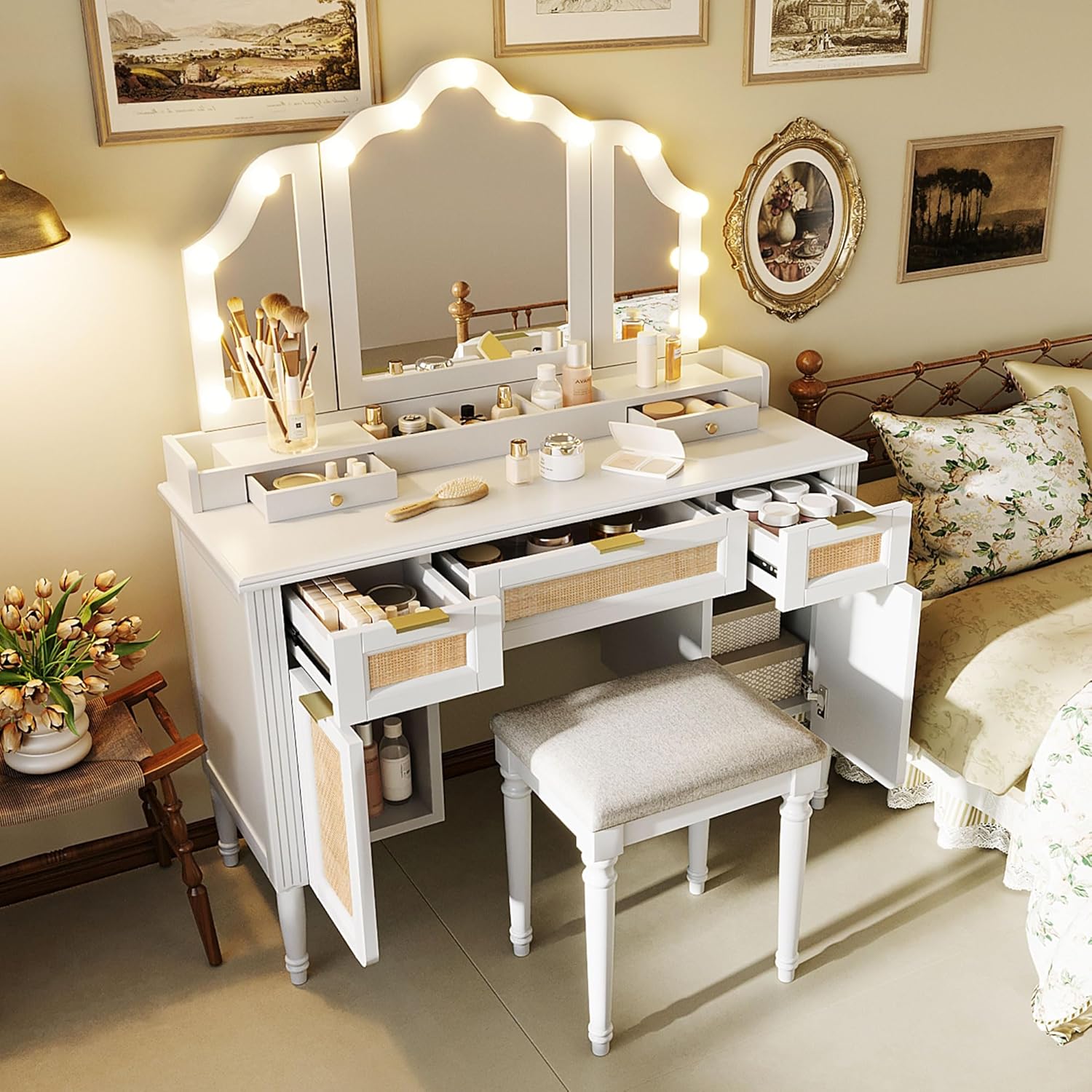 JIJIWANG 44.37' Makeup Vanity Desk with 13 Hollywood Bulbs and 3 Lighting Modes, Dressing Table with Tri-Fold Mirror, Large Vanity Table with 5 Drawers and Shelves and 2 Cabinets for Bedroom, White