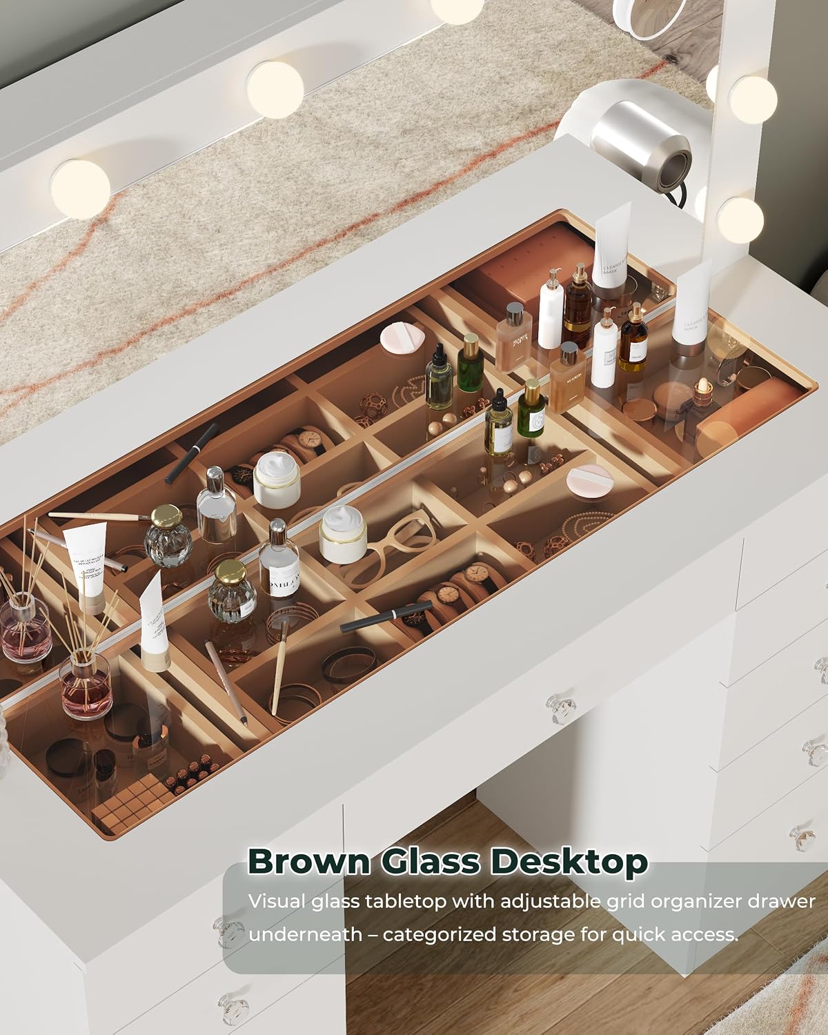 White Vanity with Lighted Mirror, 11 Drawers Vanity with Mirror and 12 LED Lights, 46' Makeup Vanity with 3 Lighting Modes Adjustable Brightness, Vanity Desk with Glass Top for Bedroom