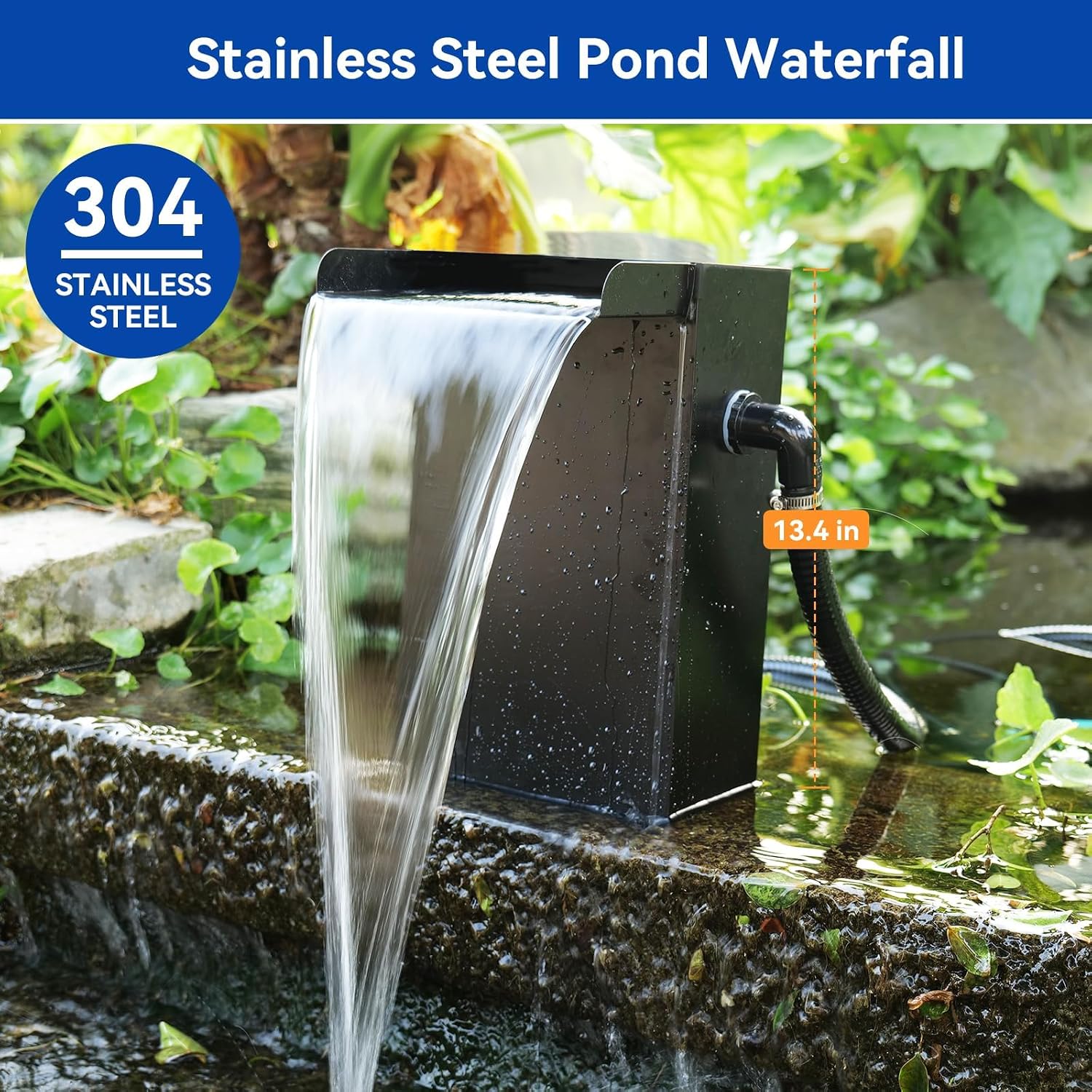 POPOSOAP 55W Solar Pond Waterfall Box with Fountain Pump, 304 Stainless Steel Pond Waterfall Spillway, Pond Spillway with 9.8FT PU Corrugated Tubing for Garden Waterfall,Water Features-P5552H