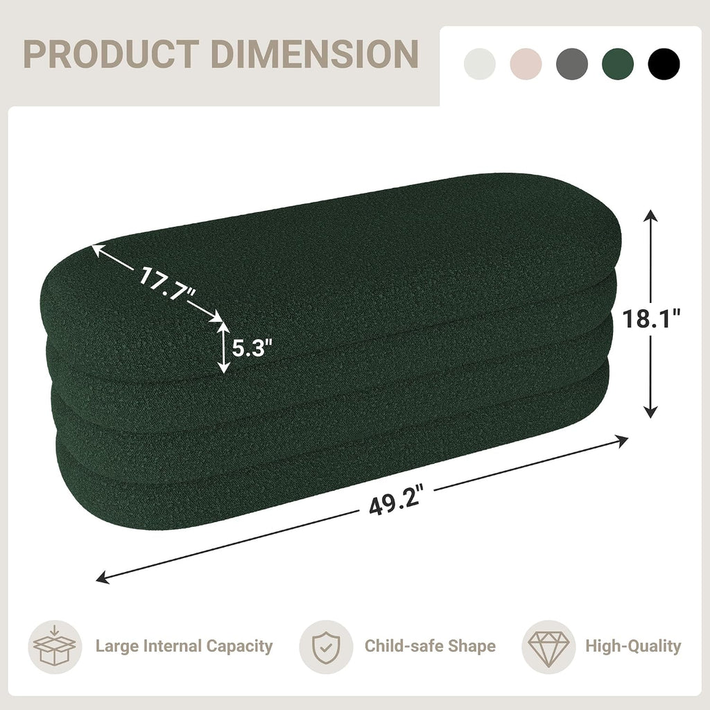 Busaurus Storage Ottoman Bench 49.2 Inch Upholstered Fabric Storage Bench for Bedroom End of Bed Aesthetic Large Oval Ottoman for Living Room(Dark Green)