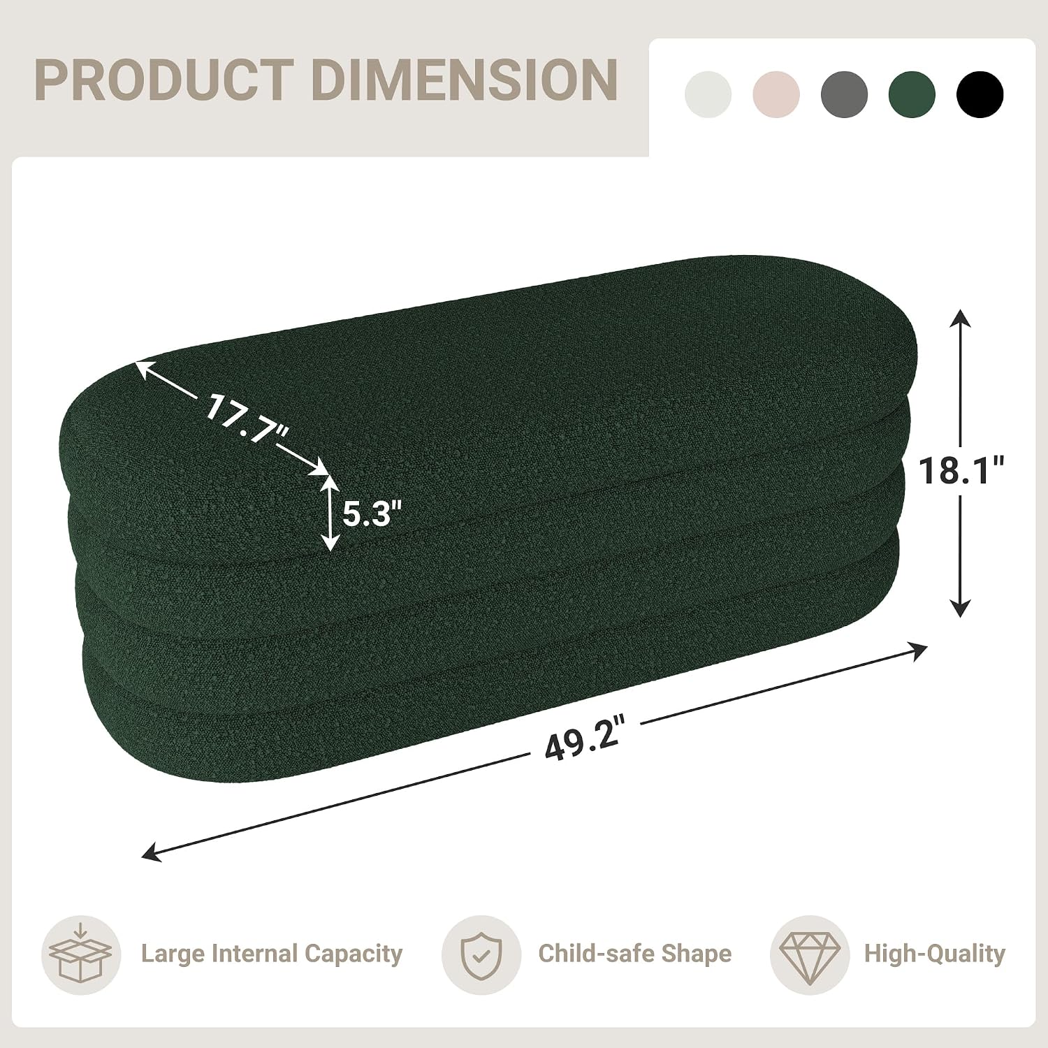 Busaurus Storage Ottoman Bench 49.2 Inch Upholstered Fabric Storage Bench for Bedroom End of Bed Aesthetic Large Oval Ottoman for Living Room(Dark Green)
