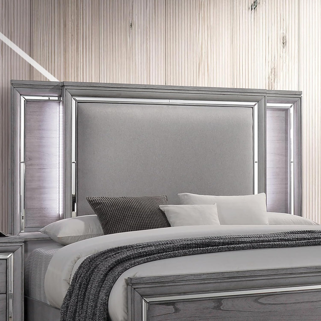 Furniture of America Zenka Solid Wood 2-Piece Bedroom Set, California King-Size Bed with LED Light Trim and 2-Drawer Nightstand, Box Spring Required, Light Gray