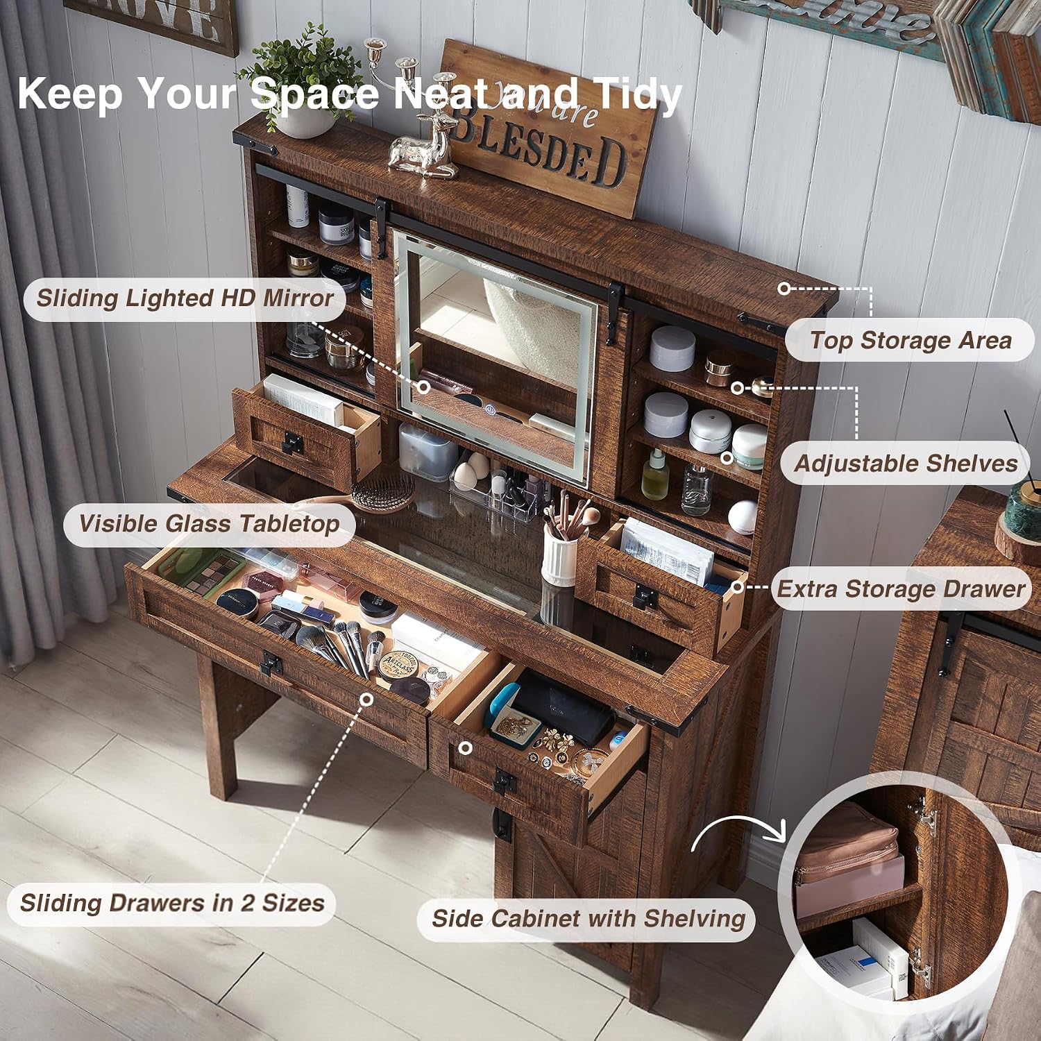 T4TREAM Farmhouse Makeup Vanity Desk with Sliding Mirror and Lights, 42'' Glass Tabletop Vanity Table with 2 Drawers & Shelves, Rustic Large Vanity Set for Bedroom, Reclaimed Barnwood