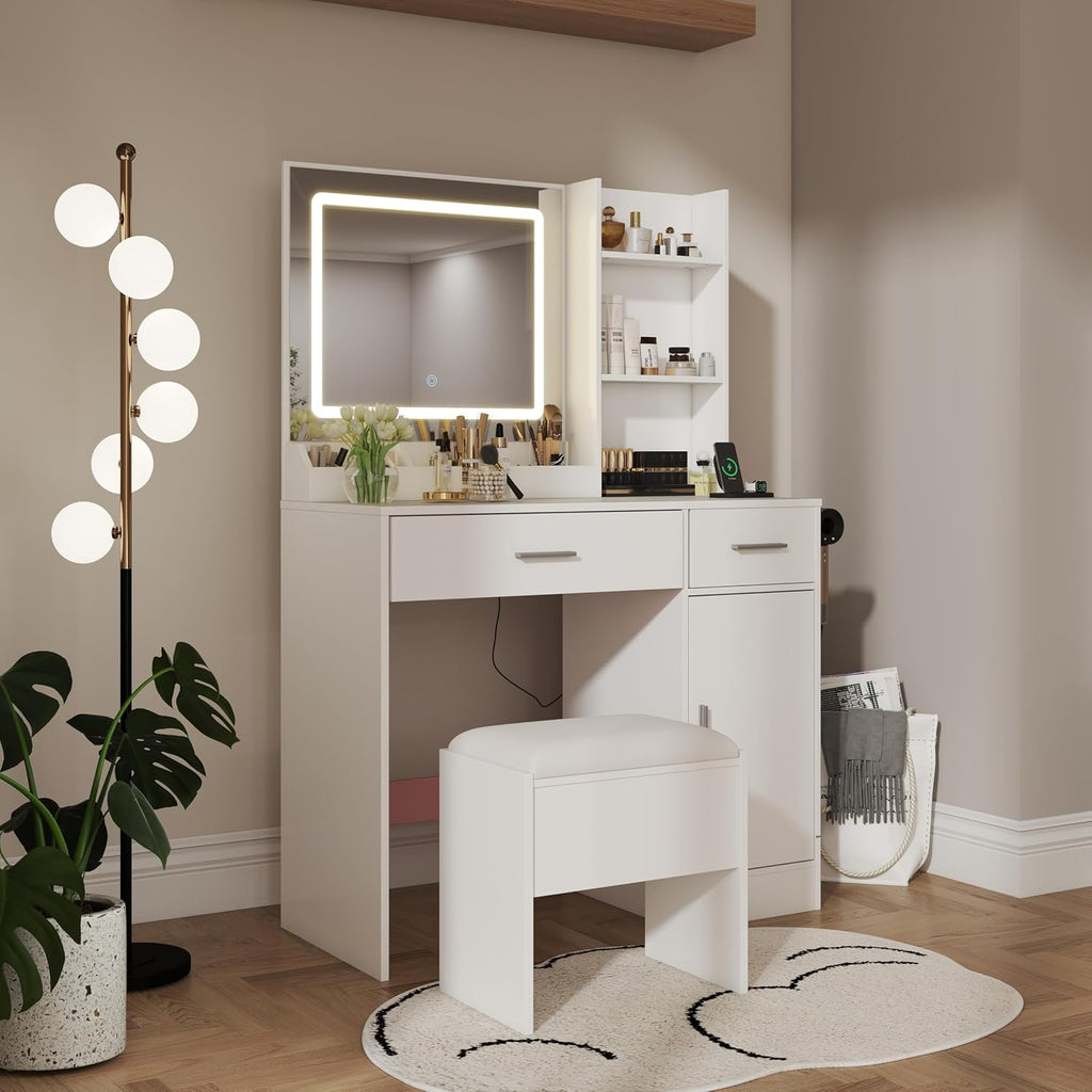 Roundhill Furniture Lavin Makeup Vanity Set, Vanity Desk with Stool, LED Light Mirror and Charging Station, White