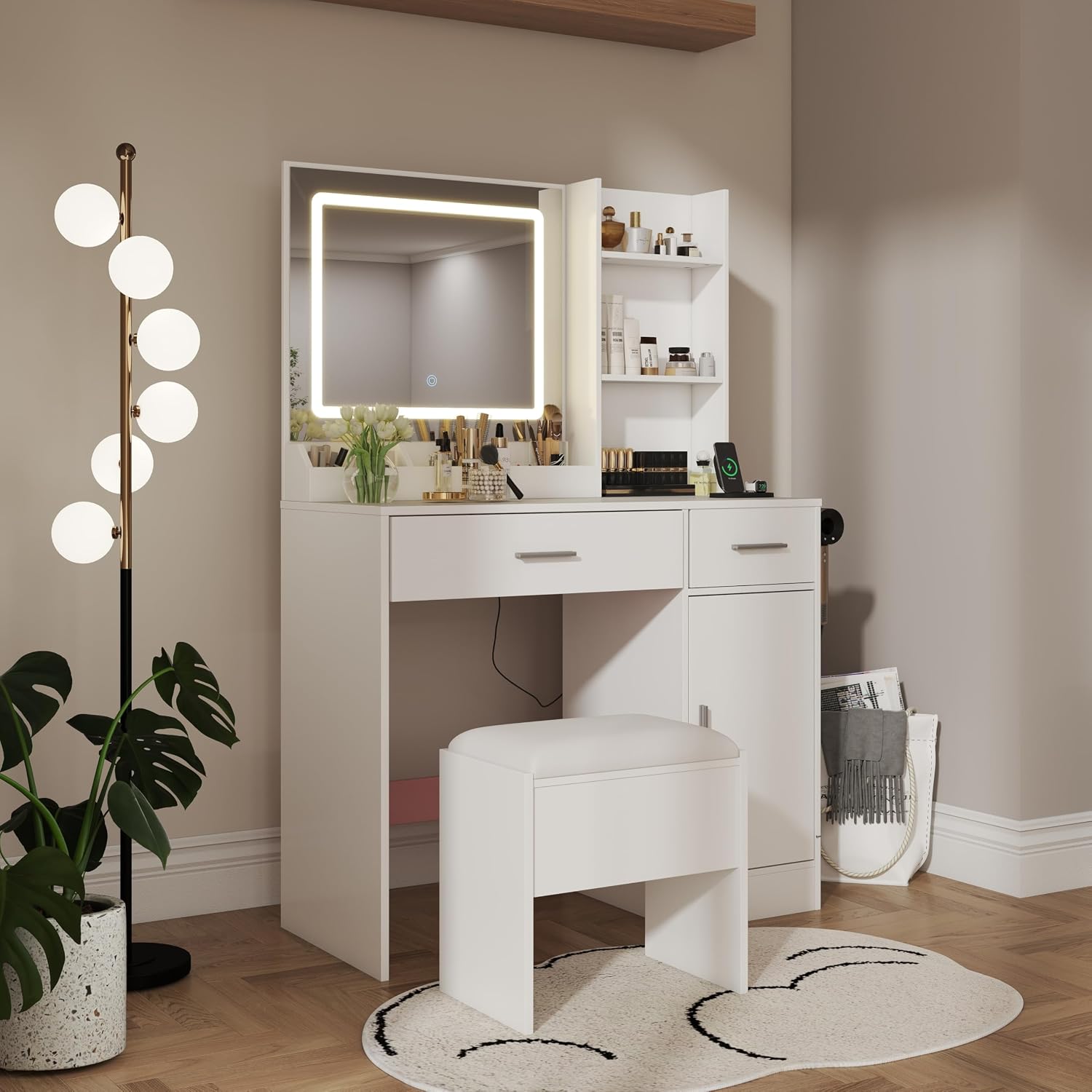 Roundhill Furniture Lavin Makeup Vanity Set, Vanity Desk with Stool, LED Light Mirror and Charging Station, White