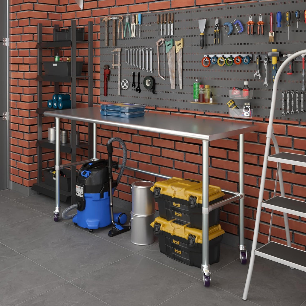 AmGood Stainless Steel Work Table Open Base & Wheels | Work Station | Metal Work Bench (Stainless Steel Work Table Open Base + Casters, 72' Long x 24' Deep)