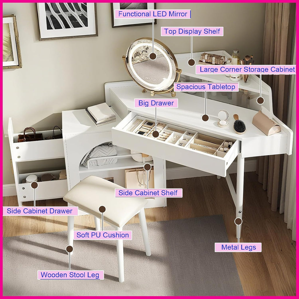 Corner Vanity Desk with Brightness Adjustable Folding Mirror Makeup Vanity Table Set with 1 Drawer and Cushioned Stool Dressing Table with 1 Side Cabinet for Bedroom, White