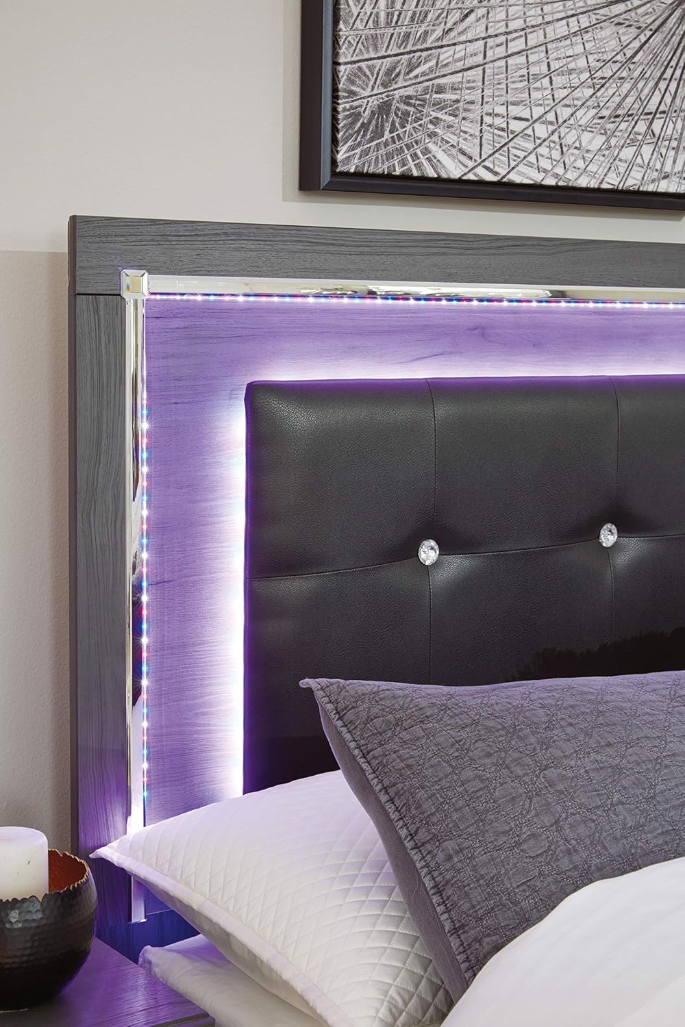 Signature Design by Ashley Lodanna Glam Faux Leather Panel Headboard with LED Lights ONLY, King & California King, Gray