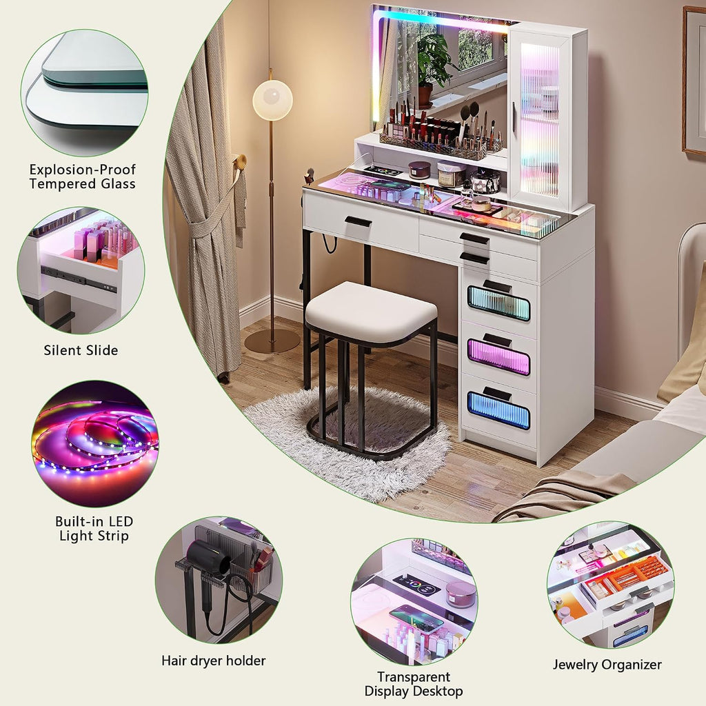 HENBC Vanity with Mirror and LED Lights, Glass Top Vanity Desk with Charging Station(Wireless+USB+Type-C), RGB Makeup Table Set with Stool/Makeup Organizer/6 Drawers for Bedroom,White