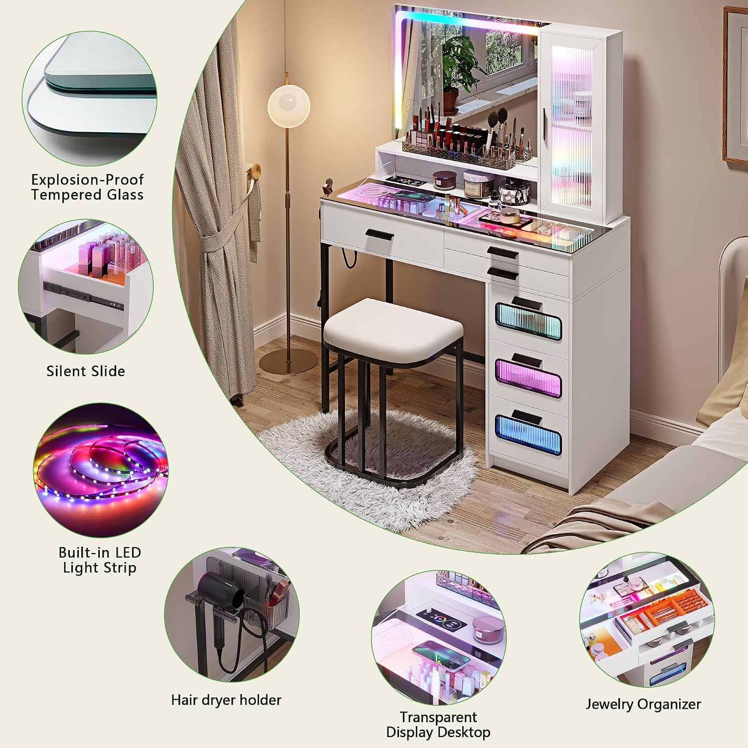 HENBC Vanity with Mirror and LED Lights, Glass Top Vanity Desk with Charging Station(Wireless+USB+Type-C), RGB Makeup Table Set with Stool/Makeup Organizer/6 Drawers for Bedroom,White