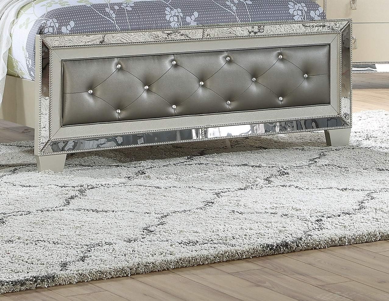 Antique Traditional Bedroom Silver Finish 1pc Bed Set Furniture Button Tufted Headboard Footboard Mirrored Accent (California King)