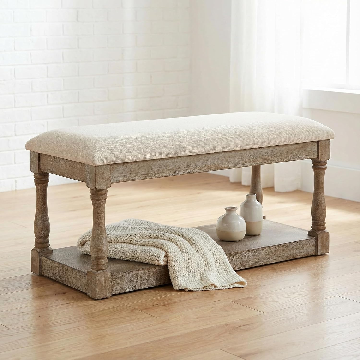 Cortesi Home Dahlia Wooden Bench Ottoman, Distressed Wood and Beige Fabric