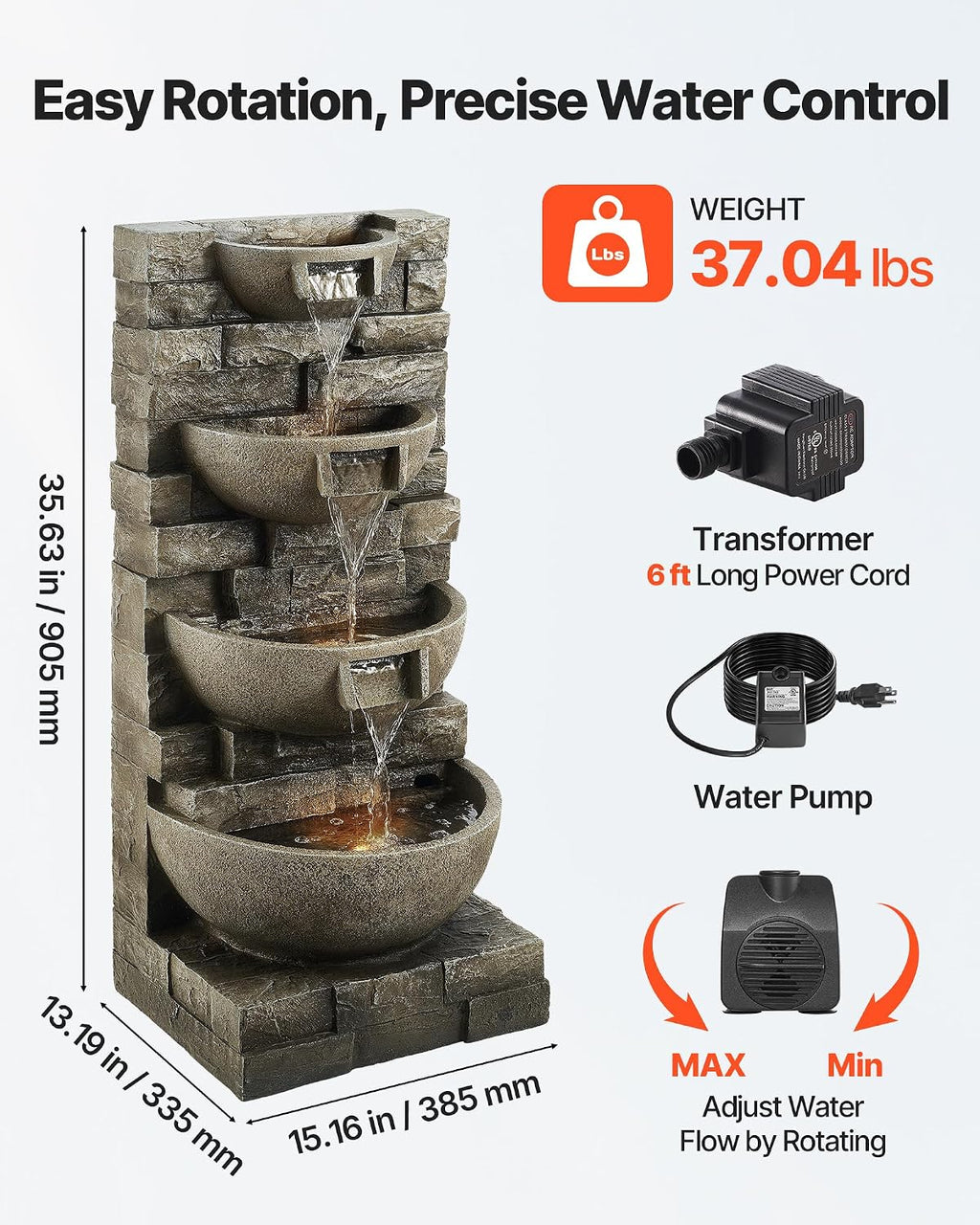 VEVOR Outdoor Water Fountain, 35.63 in Height Fountain and Waterfall, 4-Tier Floor Standing Cascading Fountains with LED Light and Pump, Block Stack Style, for Outdoor Indoor Garden, Patio & Backyard