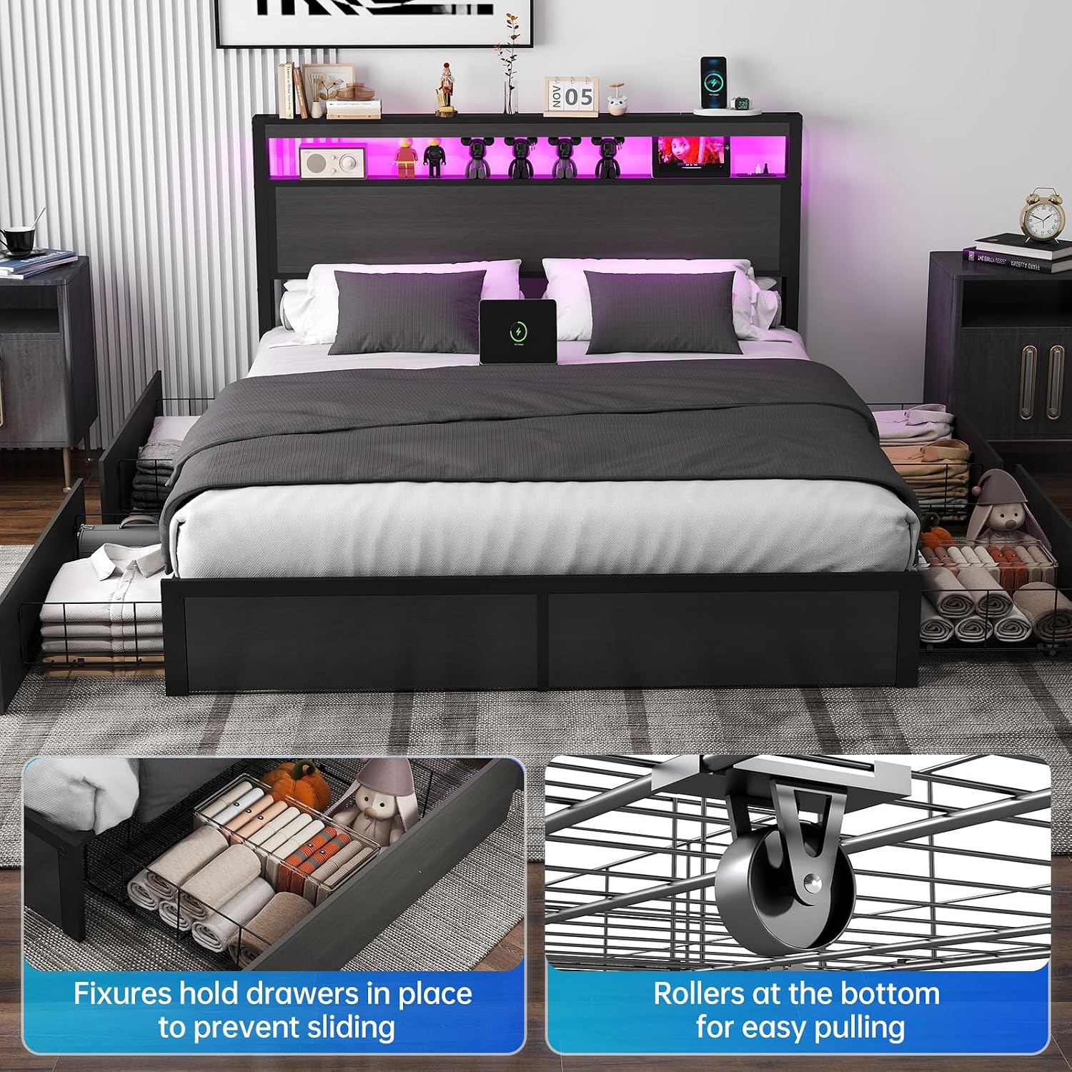 Fabulis Queen Bed Frame with Storage Headboard and 4 Drawers, Metal Platform Bed Frame with LED Light, Charging Station, No Box Spring Needed, Noise Free, Easy Assembly,Charcoal Grey