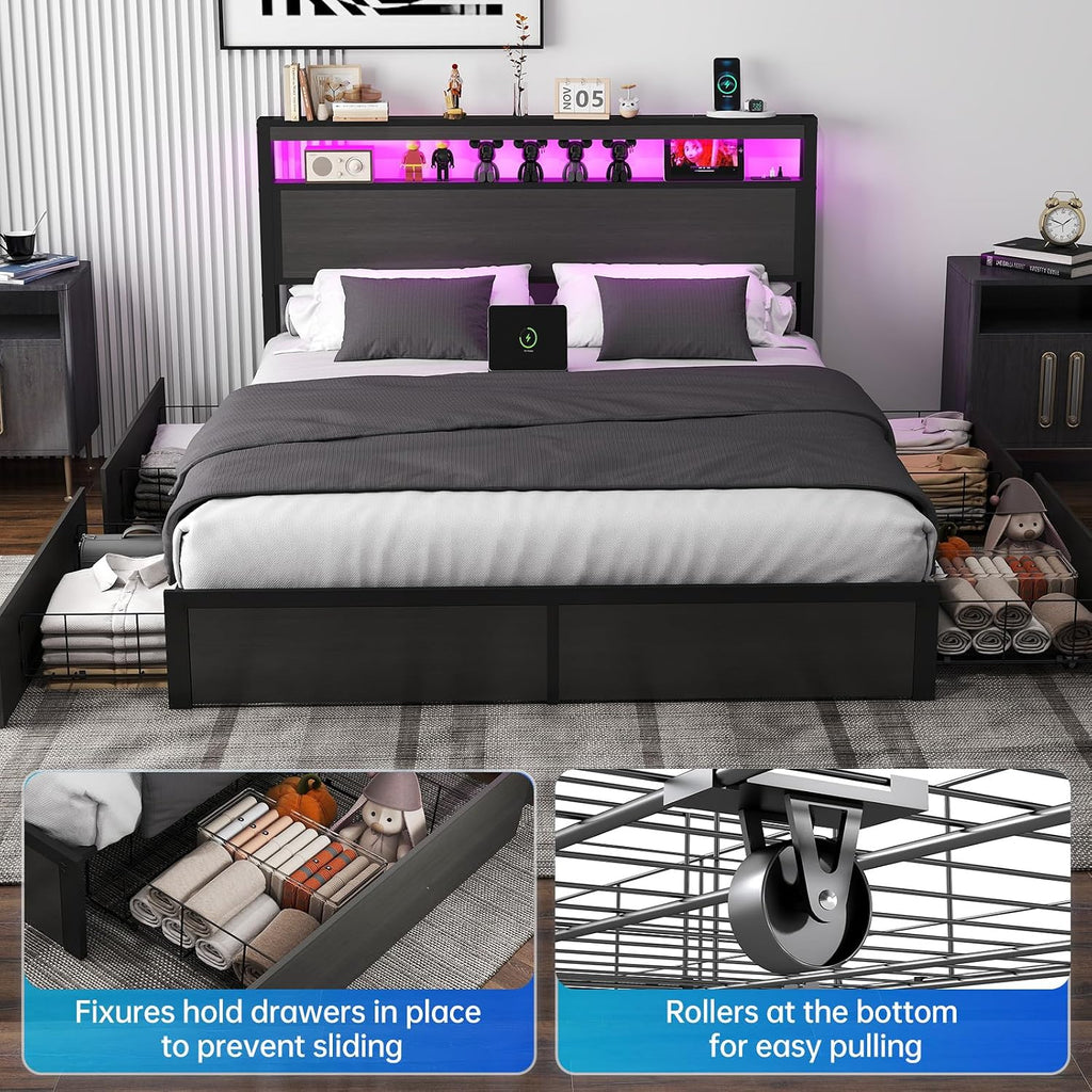 Fabuils Full Size Bed Frame with Storage, LED Wood Bed Platform with Headboard, 4 Drawers, Charging Station, No Box Spring Needed, Metal Support Base,Charcoal Grey