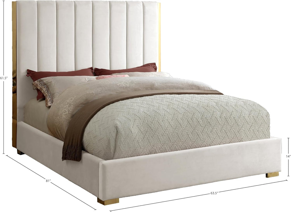 Meridian Furniture Becca Collection Modern | Contemporary Velvet Upholstered Bed with Deep Channel Tufting and Polished Gold Metal Frame, Cream, Full