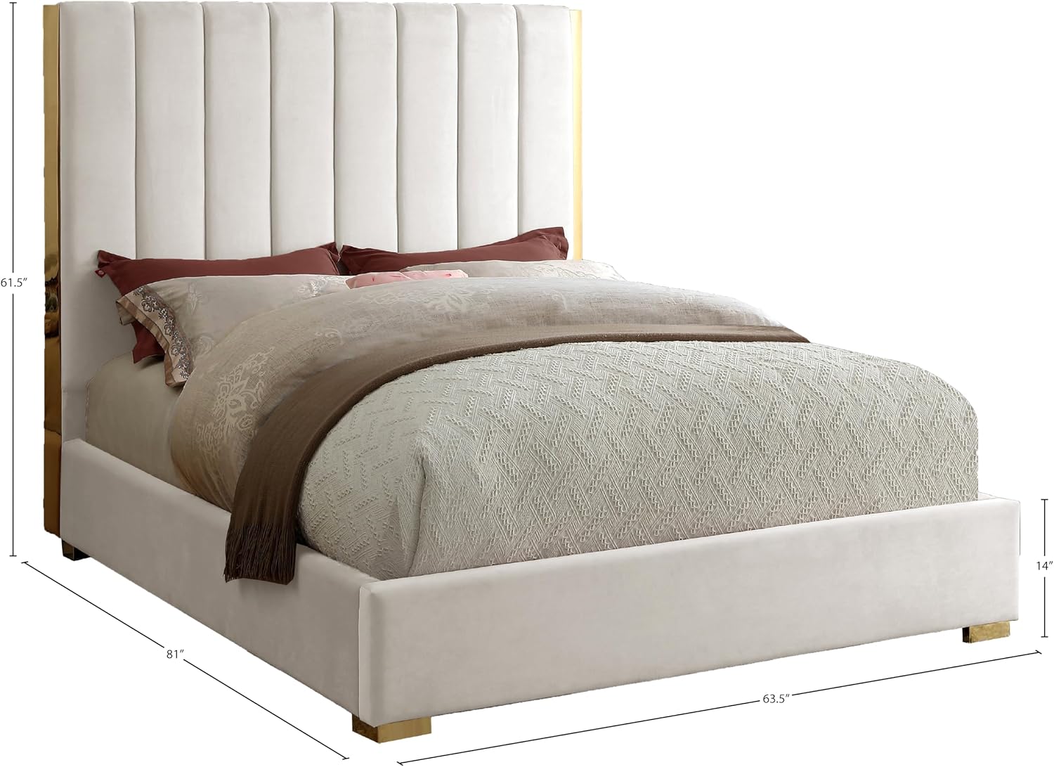 Meridian Furniture Becca Collection Modern | Contemporary Velvet Upholstered Bed with Deep Channel Tufting and Polished Gold Metal Frame, Cream, Full