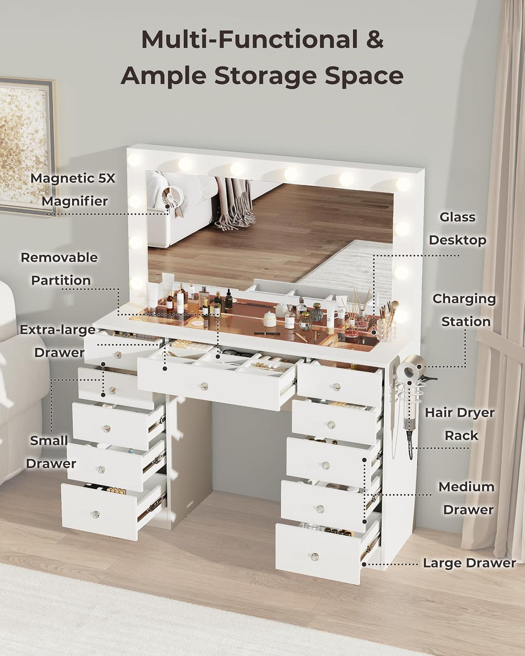 White Vanity with Lighted Mirror, 11 Drawers Vanity with Mirror and 12 LED Lights, 46' Makeup Vanity with 3 Lighting Modes Adjustable Brightness, Vanity Desk with Glass Top for Bedroom