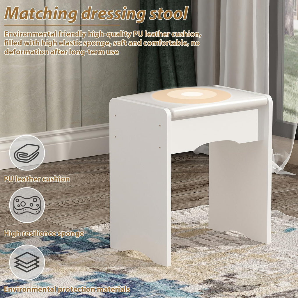 FUFU&GAGA Vanity Set with Mirror, Makeup Vanity Dressing Table with 5 Drawers, Shelves, Dresser Desk and Cushioned Stool Set (White)