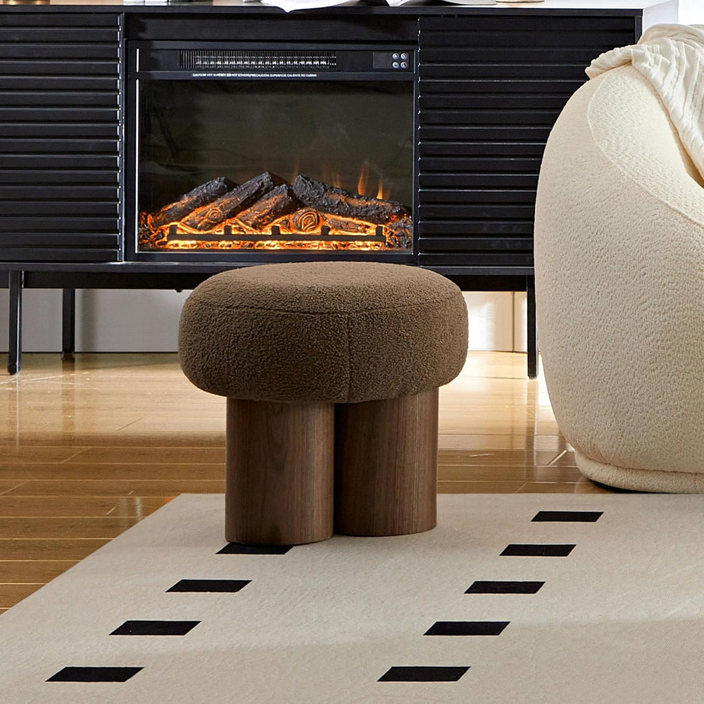 Living Room Ottoman Foot Stool, 17' Round Mid Century Modern Ottoman with Bouclé Teddy Fabric & Solid Wood Legs, Entryway Foot Rest for Couch, Vanity Seat, Bedroom Bench (Camel)