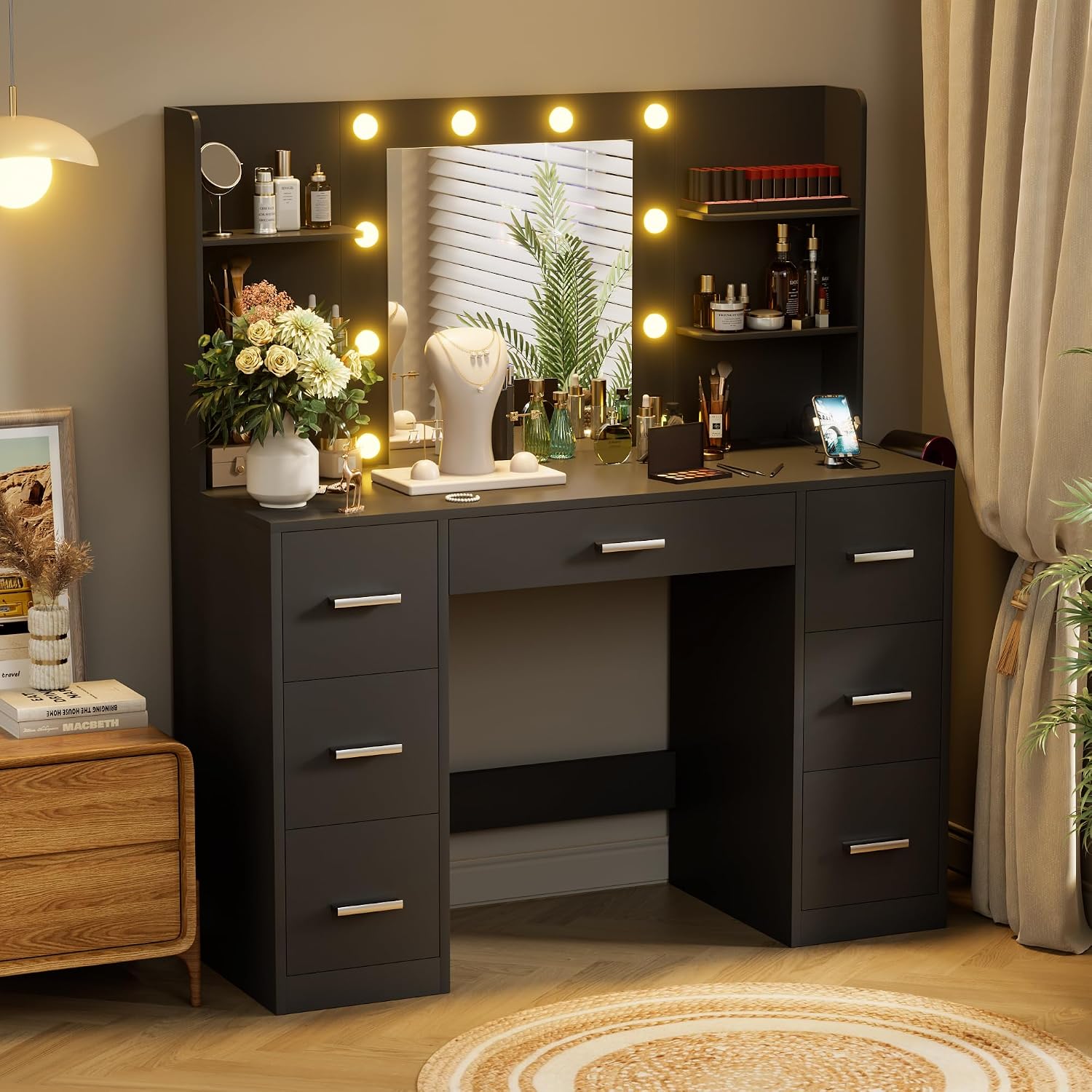 VICTONE Vanity Desk with LED Lighted Mirror&Power Outlet, 3 Model Lights Makeup Vanity Table with 7 Drawers and 6 Storage Shelves for Bedroom and Dressing Room (Black)