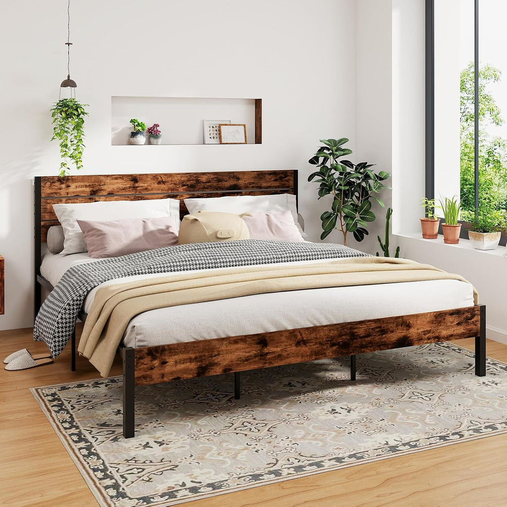 GOFLAME King Size Bed Frame, Metal Platform Bed with Under-Bed Storage Space & Slatted Headboard, Industrial Bed Base, No Box Spring Needed Mattress Foundation, Rustic Brown