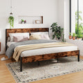 GOFLAME King Size Bed Frame, Metal Platform Bed with Under-Bed Storage Space & Slatted Headboard, Industrial Bed Base, No Box Spring Needed Mattress Foundation, Rustic Brown