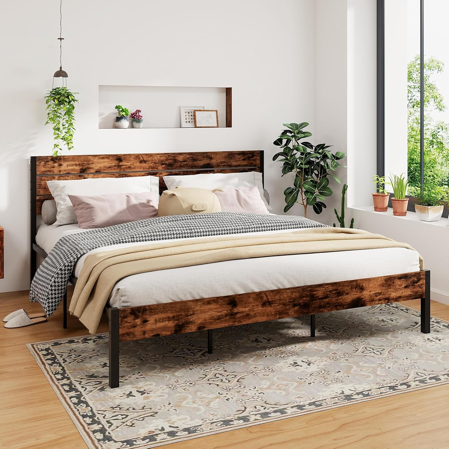 GOFLAME King Size Bed Frame, Metal Platform Bed with Under-Bed Storage Space & Slatted Headboard, Industrial Bed Base, No Box Spring Needed Mattress Foundation, Rustic Brown
