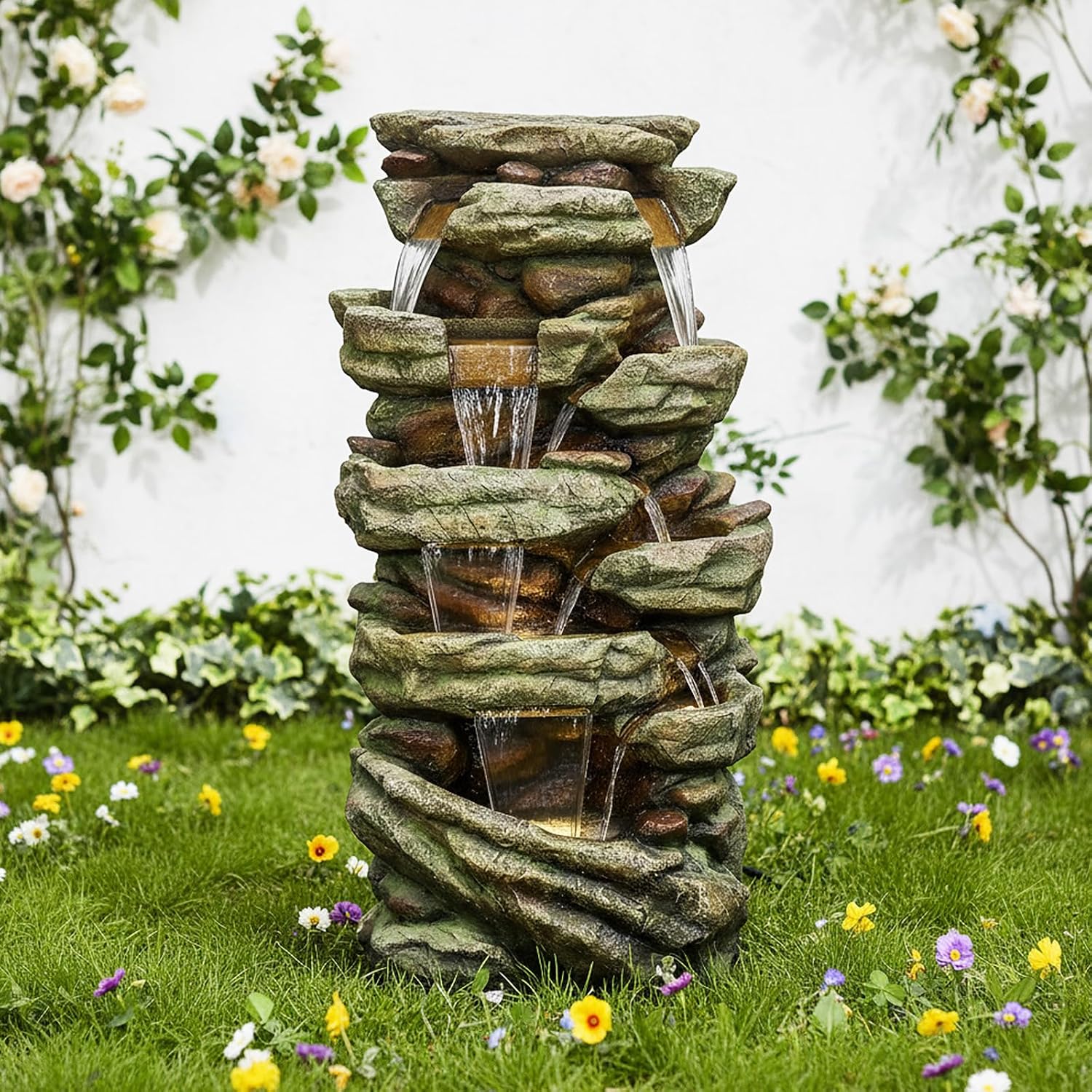 Naturefalls 59inches Outdoor Rock Water Fountain with LED Lights - Multi-Tiers Poly-Resin Cascading Waterfall Fountain for Garden, Patio, Yard, Home Decor